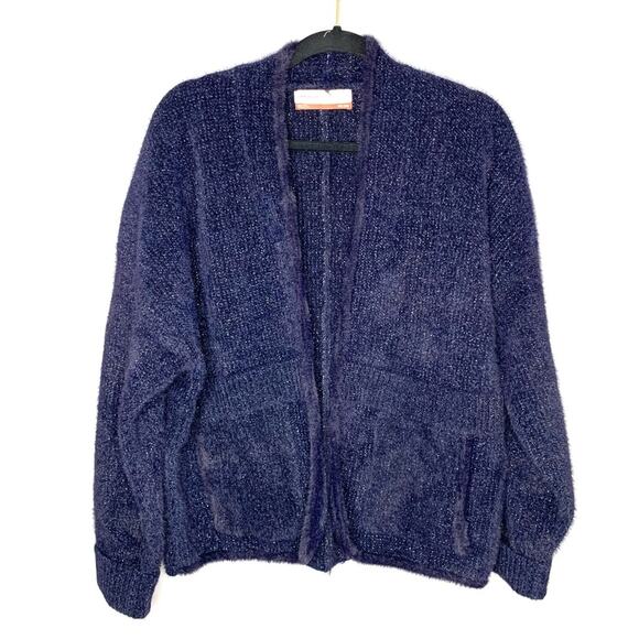 Anthropologie Pilcro fluffy fuzzy one size navy blue sparkly cardigan women’s - Picture 1 of 7